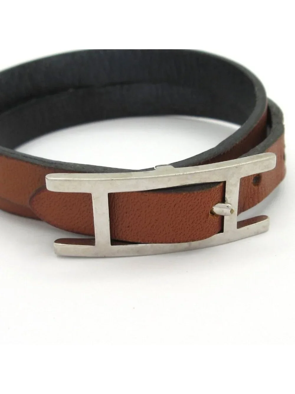 Hermes Bracelet Hapi 3 Leather Dark Brown Silver